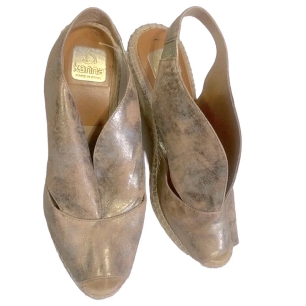 KANNA Wedge Sandals Leather Gold Tan Espadrille‎  Slingback Size 9.5 Platform